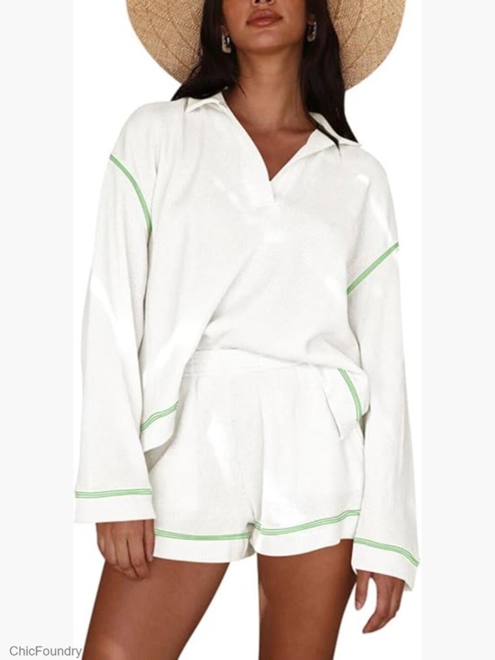 Waffle Knit Lounge Set Long Sleeve Top Shorts 2 Piece Outfit Size Small